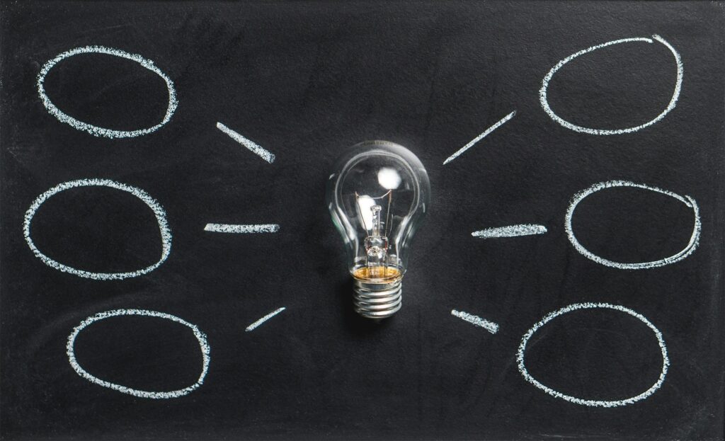 A lightbulb on a chalkboard symbolizes creativity, innovation, and ideas.